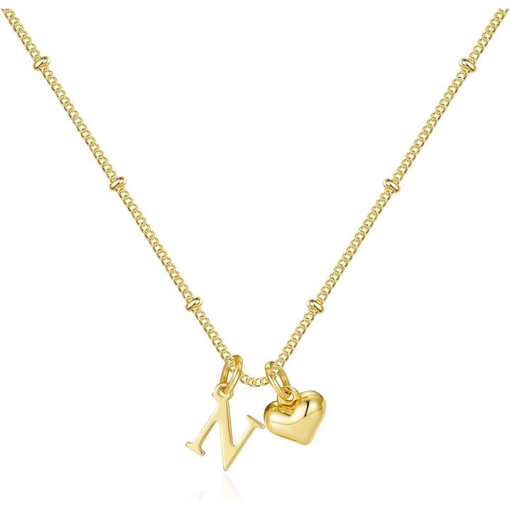 imageM MOOHAM Heart Initial Necklace for Women Girls 14K Gold Plated Letter AZ Pendant Necklace Dainty Heart Necklaces Tiny Initial Necklaces Birthday Gifts for Women JewelryN