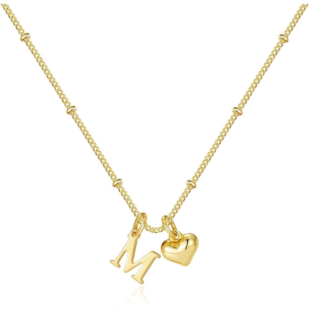 imageM MOOHAM Heart Initial Necklace for Women Girls 14K Gold Plated Letter AZ Pendant Necklace Dainty Heart Necklaces Tiny Initial Necklaces Birthday Gifts for Women JewelryM