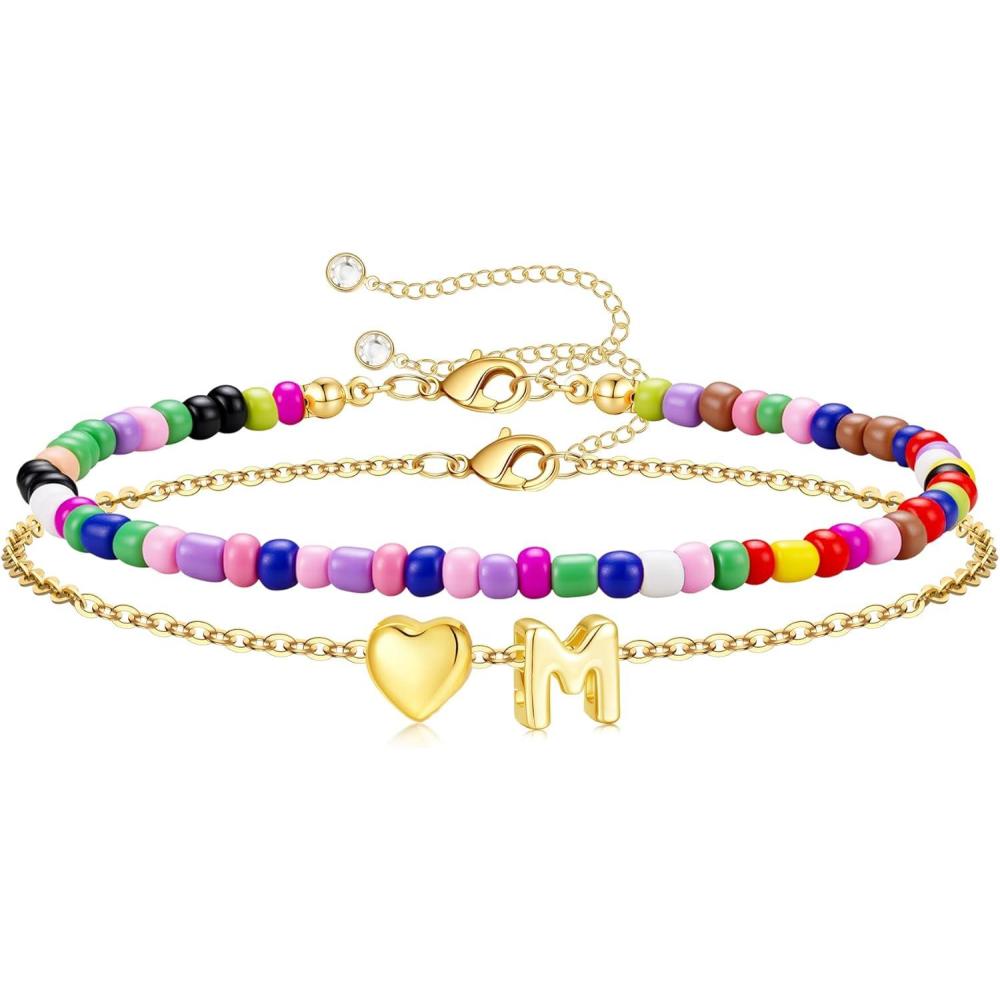 imageM MOOHAM Initial Bracelets for Women 14K Gold Plated Dainty Heart Letter AZ Bracelet Colorful Beaded Initial Bracelet Layered Bracelets Jewelry Gifts for Women Lover Bridesmaids Friends