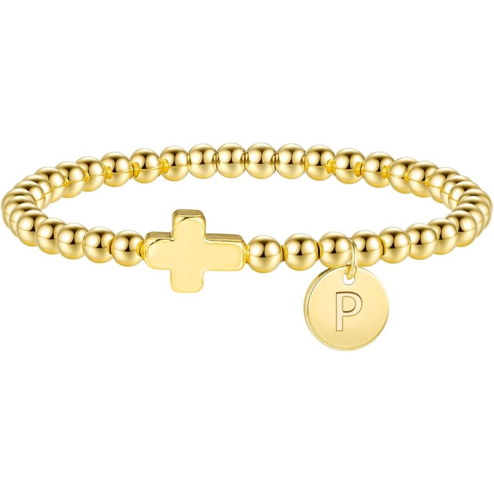 imageM MOOHAM Initial Bracelets for Women  Cross Bracelet for Womens Letter AZ Cross Bracelet Gold Beaded Bracelets Dainty Small Jewelry Religious Christian Gifts for WomenP