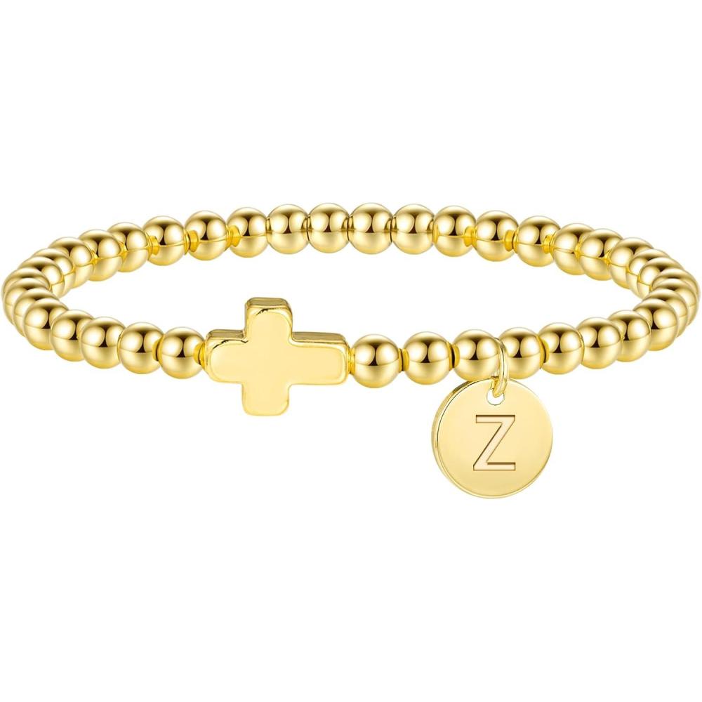 imageM MOOHAM Initial Bracelets for Women  Cross Bracelet for Womens Letter AZ Cross Bracelet Gold Beaded Bracelets Dainty Small Jewelry Religious Christian Gifts for WomenZ