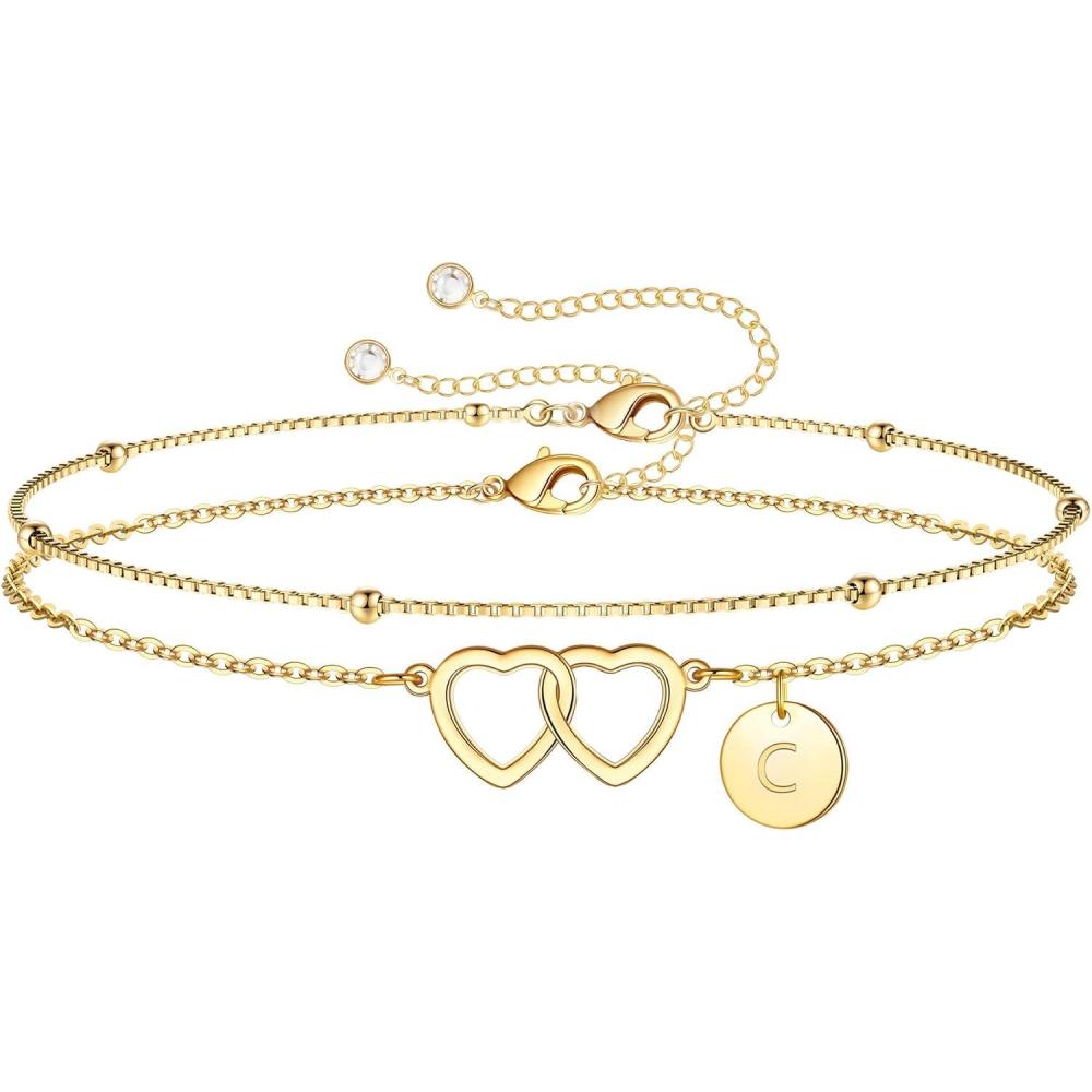 imageM MOOHAM Initial Bracelets for Women Dainty Disc Initial AZ Bracelet Jewelry Satellite Chain Double Hearts Bracelets Birthday Gifts for Women Mom Daughter FriendC