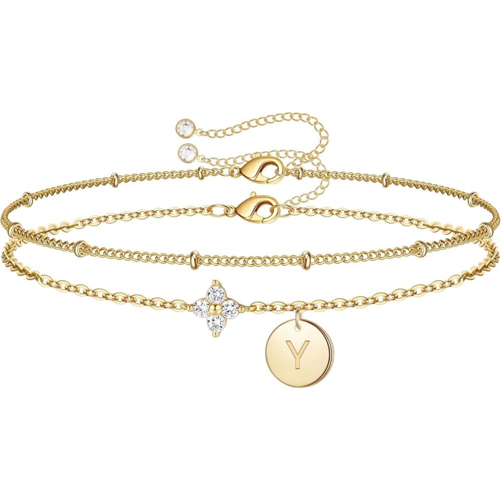 imageM MOOHAM Initial Bracelets for Women Gifts  Dainty Four Leaf Clover Bracelet for Women Trendy Personalized Initial Bracelet for Teen Girls Jewelry GiftsY