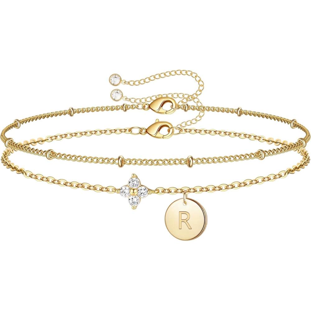 imageM MOOHAM Initial Bracelets for Women Gifts Dainty Four Leaf Clover Bracelet for Women Trendy Personalized Initial Bracelet for Teen Girls Jewelry GiftsR