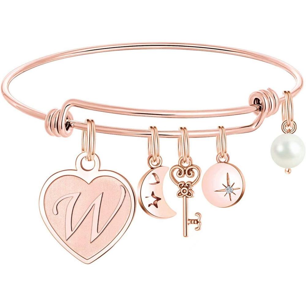imageM MOOHAM Initial Charm Bracelets for Women Gifts Engraved 26 Letters Initial Charms Bracelet Stainless Steel Bangle Bracelet Birthday Christmas Jewelry Gift for Women Teen GirlsW Rose Gold