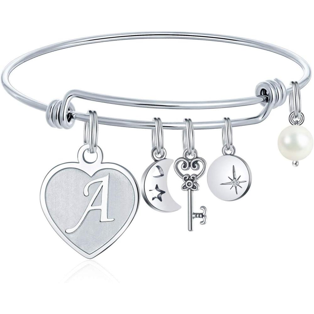 imageM MOOHAM Initial Charm Bracelets for Women Gifts Engraved 26 Letters Initial Charms Bracelet Stainless Steel Bangle Bracelet Birthday Christmas Jewelry Gift for Women Teen GirlsA Heart