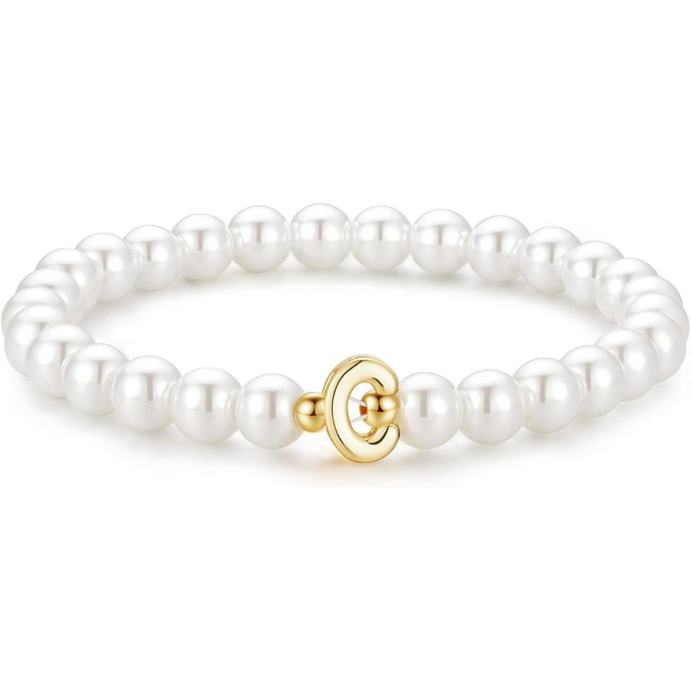 imageM MOOHAM Pearl Initial Bracelet for Women  Dainty Beaded Charm Bracelets for Women Trendy Charm Letter AZ Personalized Pearl Jewelry GiftsC