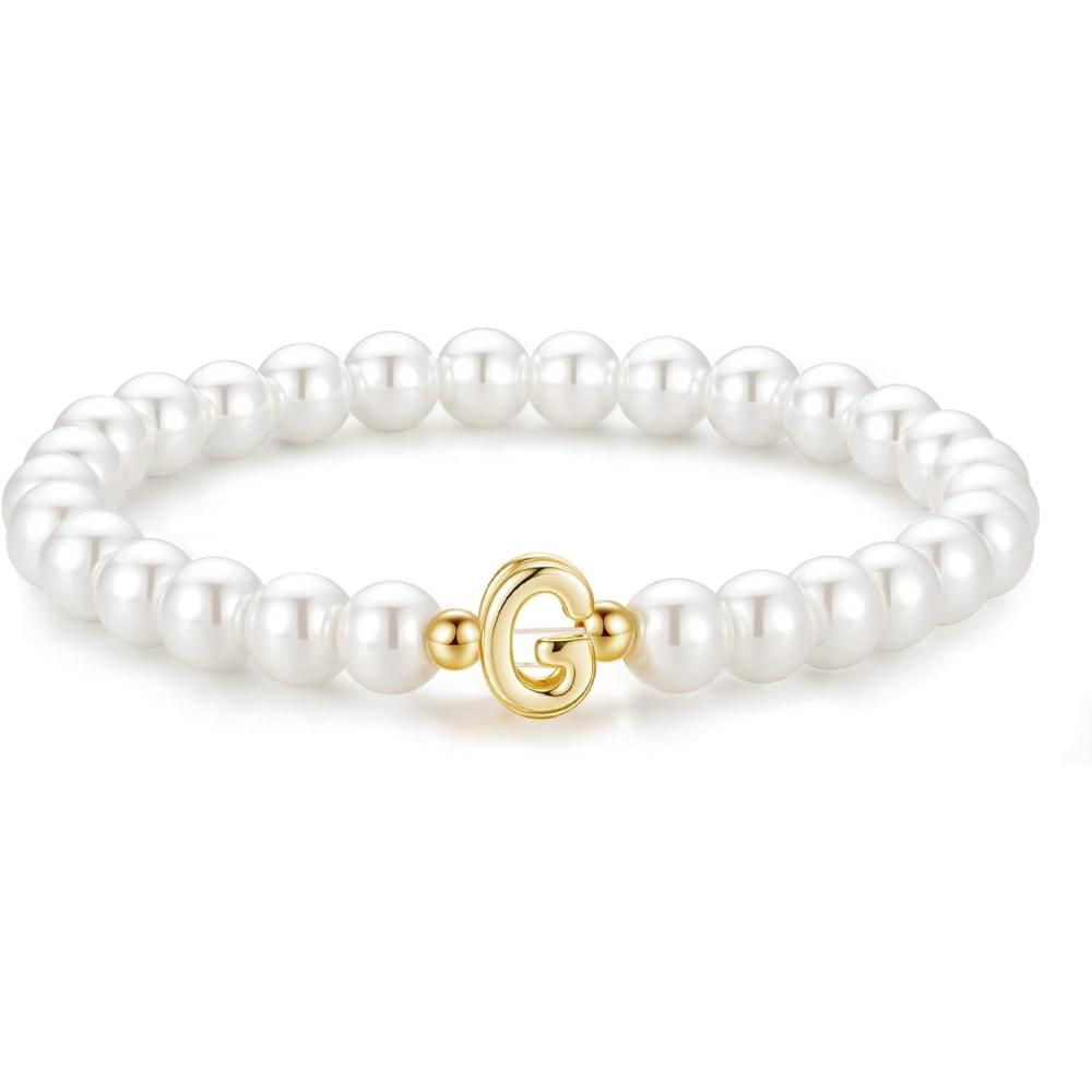 imageM MOOHAM Pearl Initial Bracelet for Women  Dainty Beaded Charm Bracelets for Women Trendy Charm Letter AZ Personalized Pearl Jewelry GiftsG