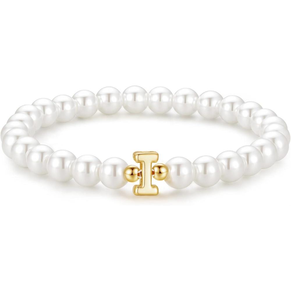 imageM MOOHAM Pearl Initial Bracelet for Women  Dainty Beaded Charm Bracelets for Women Trendy Charm Letter AZ Personalized Pearl Jewelry GiftsI