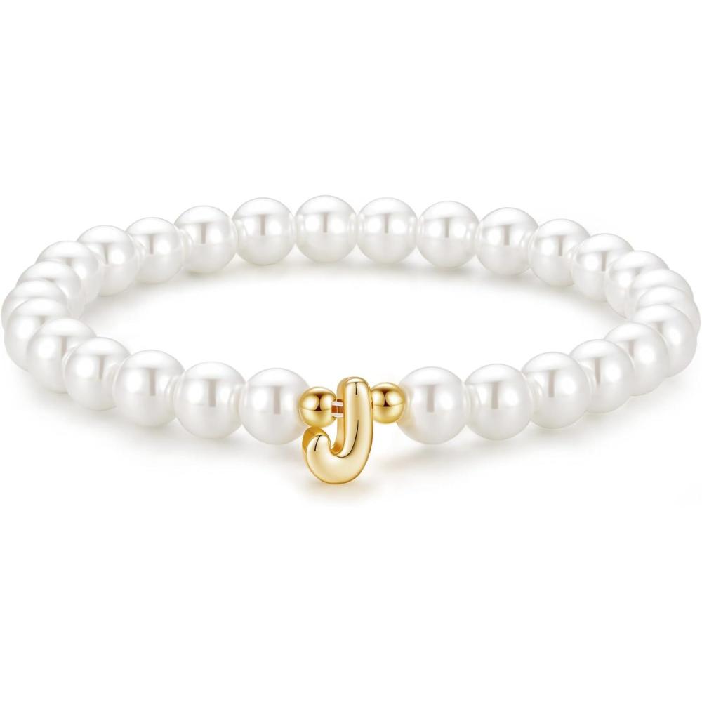imageM MOOHAM Pearl Initial Bracelet for Women  Dainty Beaded Charm Bracelets for Women Trendy Charm Letter AZ Personalized Pearl Jewelry GiftsJ