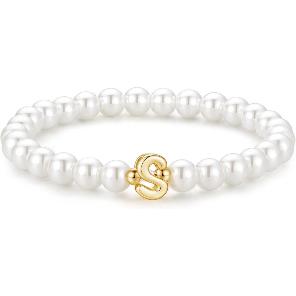 imageM MOOHAM Pearl Initial Bracelet for Women Dainty Beaded Charm Bracelets for Women Trendy Charm Letter AZ Personalized Pearl Jewelry GiftsS