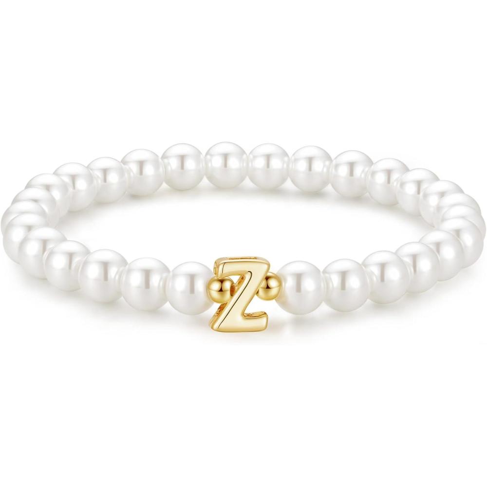 imageM MOOHAM Pearl Initial Bracelet for Women  Dainty Beaded Charm Bracelets for Women Trendy Charm Letter AZ Personalized Pearl Jewelry GiftsZ