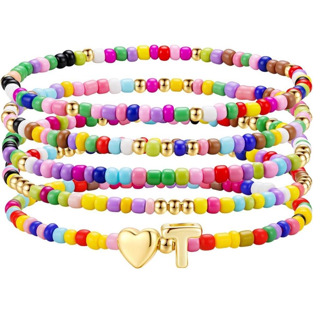 imageM MOOHAM Stocking Stuffers for Kids Girls Teen  5PCS Colorful Beaded Initial Bracelets for Women Girls Cute Stretch Heart Letter Bohemian Stackable Bracelet Birthday Gifts Jewelry for Kids Teen GirlT