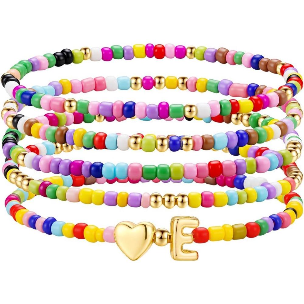 imageM MOOHAM Stocking Stuffers for Kids Girls Teen 5PCS Colorful Beaded Initial Bracelets for Women Girls Cute Stretch Heart Letter Bohemian Stackable Bracelet Birthday Gifts Jewelry for Kids Teen GirlE