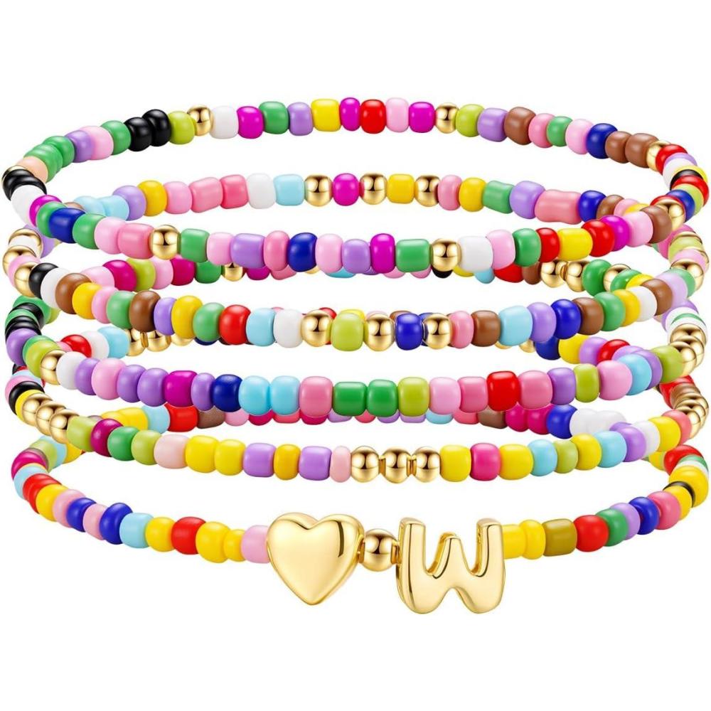 imageM MOOHAM Stocking Stuffers for Kids Girls Teen 5PCS Colorful Beaded Initial Bracelets for Women Girls Cute Stretch Heart Letter Bohemian Stackable Bracelet Birthday Gifts Jewelry for Kids Teen GirlW