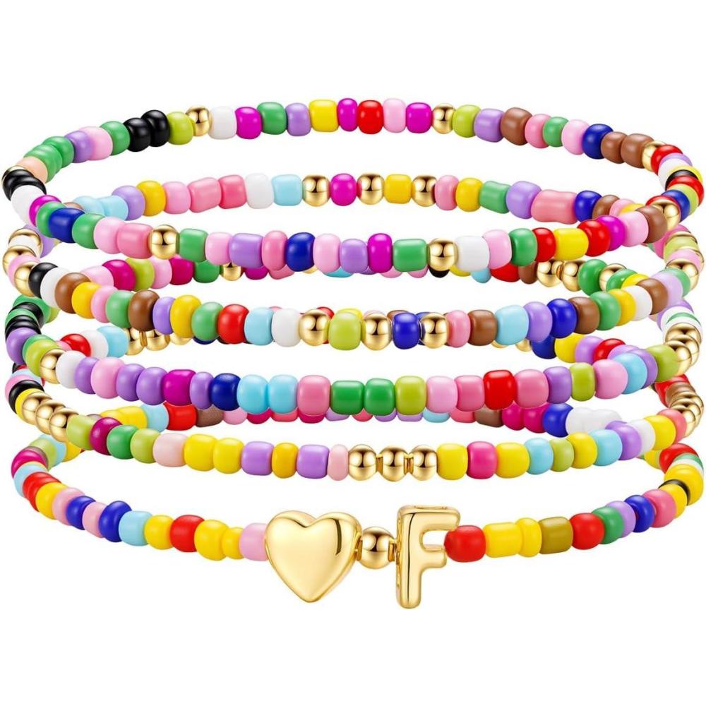 imageM MOOHAM Stocking Stuffers for Kids Girls Teen 5PCS Colorful Beaded Initial Bracelets for Women Girls Cute Stretch Heart Letter Bohemian Stackable Bracelet Birthday Gifts Jewelry for Kids Teen GirlF