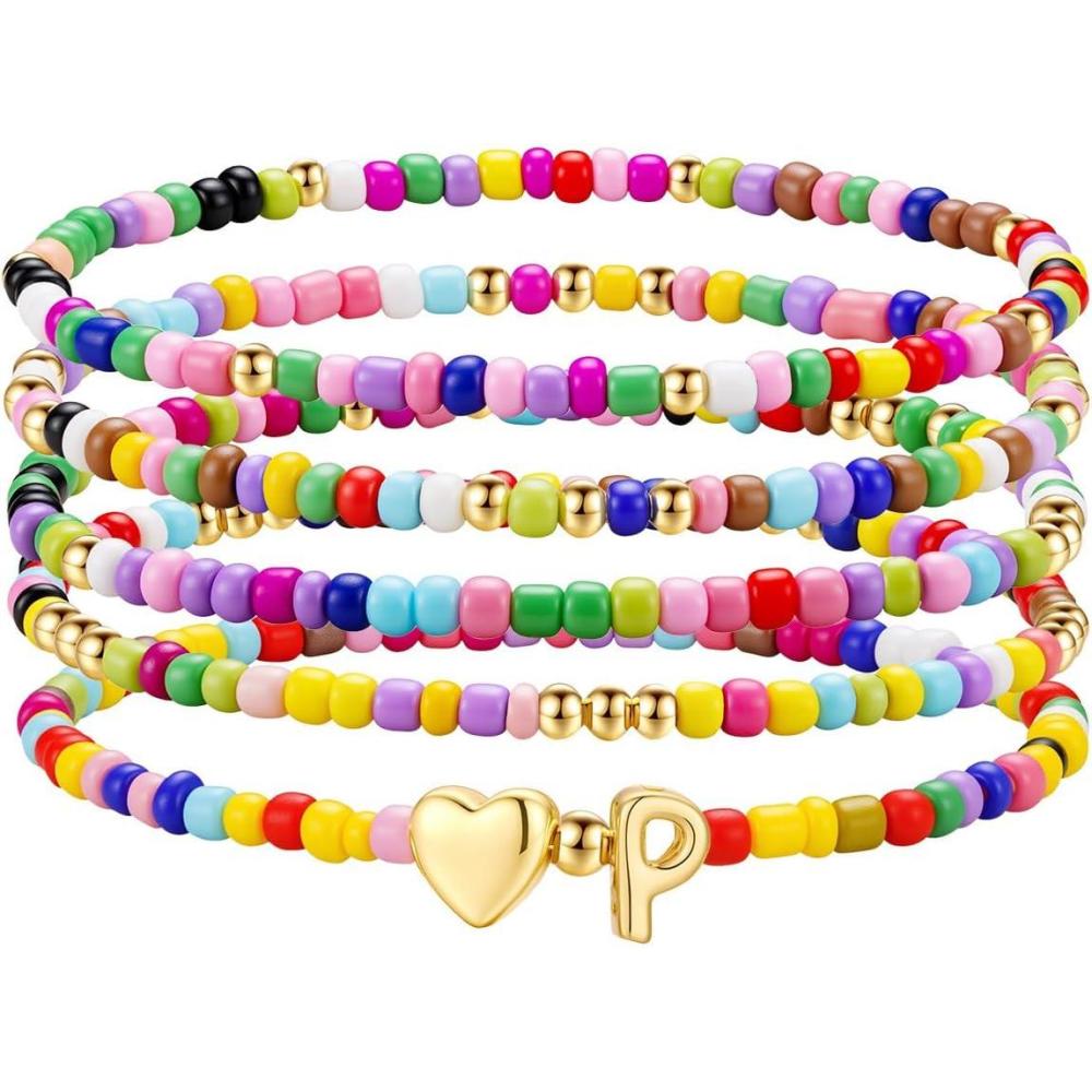 imageM MOOHAM Stocking Stuffers for Kids Girls Teen  5PCS Colorful Beaded Initial Bracelets for Women Girls Cute Stretch Heart Letter Bohemian Stackable Bracelet Birthday Gifts Jewelry for Kids Teen GirlP