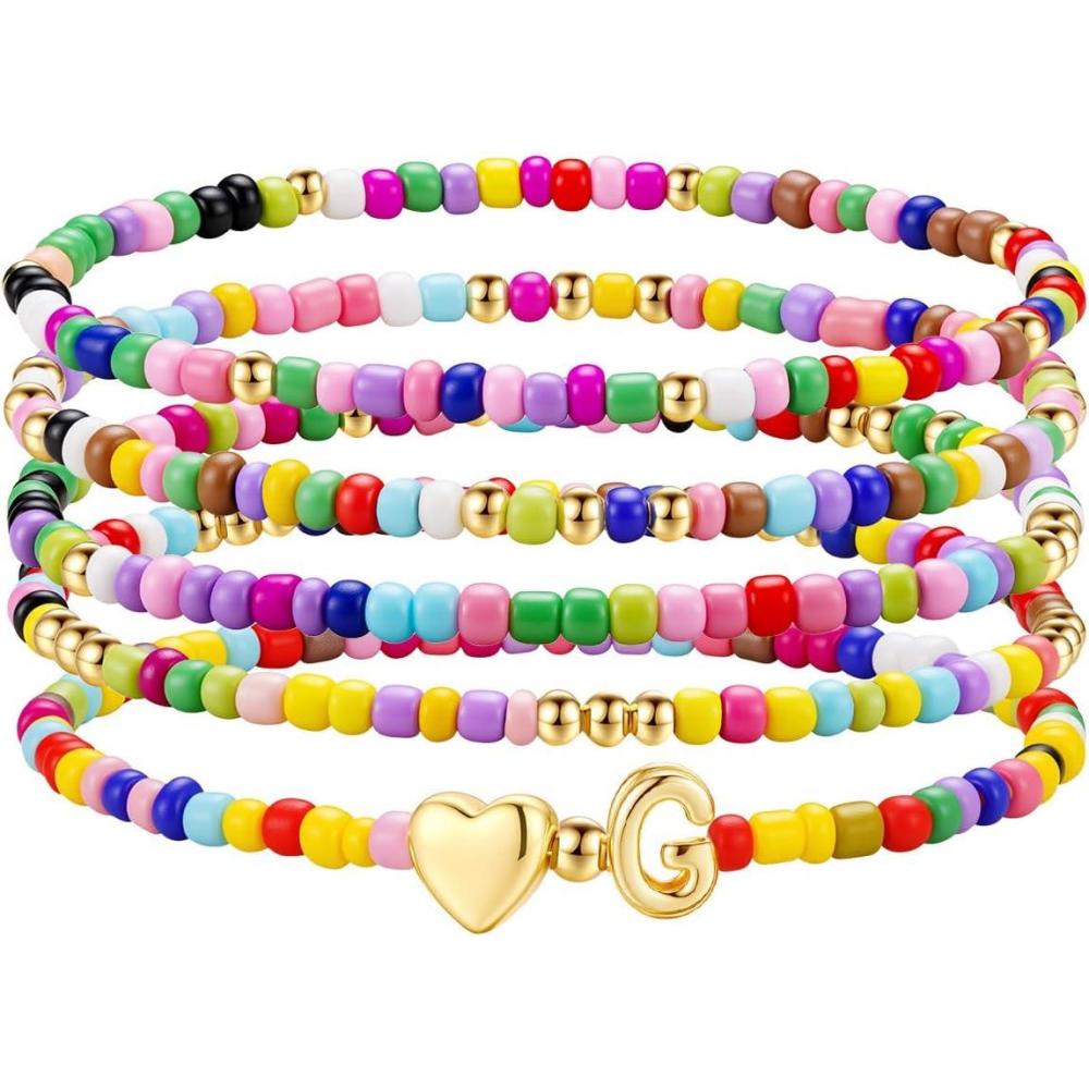 imageM MOOHAM Stocking Stuffers for Kids Girls Teen 5PCS Colorful Beaded Initial Bracelets for Women Girls Cute Stretch Heart Letter Bohemian Stackable Bracelet Birthday Gifts Jewelry for Kids Teen GirlG
