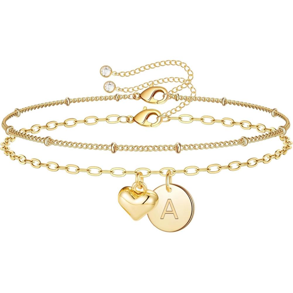 imageM MOOHAM Stocking Stuffers for Teen Girls Women Dainty Heart Initial Bracelet Disc Letter Bracelets Personalized Bracelet Jewelry Christmas Gifts for Grandkids Kids Teen Girls WomenA