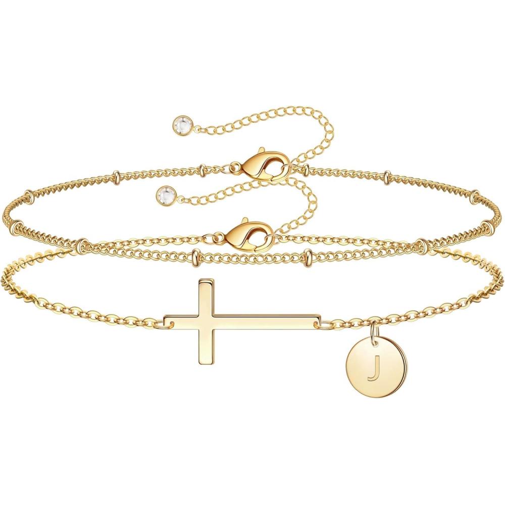 imageM MOOHAM Stocking Stuffers for Teens Women Initial Cross Bracelets for Women 14KGoldPlated Dainty Cross Disc Letter AZ Bracelet for Teen Girls Gifts Baptism Christian Gifts for Women GirlsJ