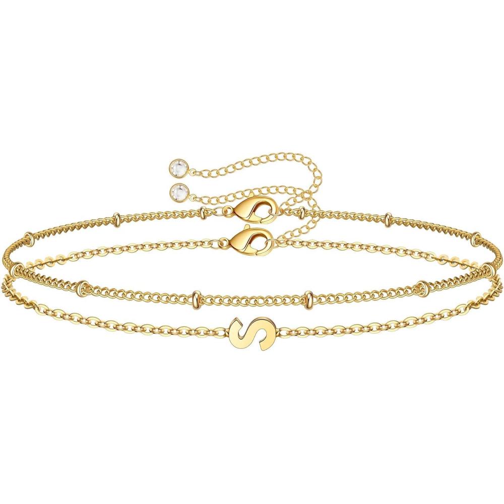 imageM MOOHAM Stocking Stuffers for Women Girls Layered Initial Bracelet Letter AZ Charm Dainty 14K Gold Plated Initial Bracelets for Women Birthday Personalized Gifts Trendy JewelryGold