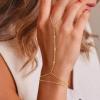 M MOOHAM 14K-Gold-Plated Hand Chain Bracelet for Women, Dainty Ring Bracelet Hands Chain Cubic Zirconia Clover Butterfly Cross Heart Finger Rings Bracelets for Women Teen Girl Gifts(Round Zircon)