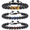M MOOHAM Beaded Bracelets for Mens Gifts – Natural Stone 8mm Tiger Eye Matte Agate Lava Rock Bracelets for Men Teen Boys Birthday Anniversary Christmas Gifts for Men Teens Grandpa(3 pcs Lava Rock&Tiger Eye Bracelets)