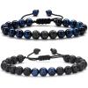 M MOOHAM Beaded Bracelets for Mens Gifts – Natural Stone 8mm Tiger Eye Matte Agate Lava Rock Bracelets for Men Teen Boys Birthday Anniversary Christmas Gifts for Men Teens Grandpa(Blue Tiger Eye&Lava Rock Bracelets)