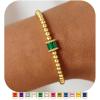M MOOHAM Birthstone Gold Beaded Bracelets for Women, Dainty Elastic 14k Real Gold Plated Beaded Bracelets Trendy Non Tarnish Friendship Birthday Jewelry Gifts for Women(05.May(Emerald))