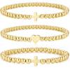 M MOOHAM Gold-Plated Beaded Bracelets for Women Teen Girls Non Tarnish – Dainty 14k-Gold-Plated Pearl Beaded Stretch Bracelet Stack Set for Women Trendy Jewelry Christmas Stocking Teenage Girl Gifts(3 PCS Stretch Bracelets with Cross Heart)