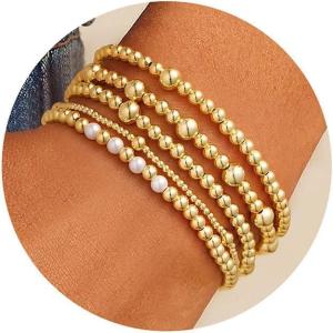 M MOOHAM 14K-Gold-Plated Beaded Bracelets for Women – Dainty Beaded Pearl Bracelet Set Stack for Women Trendy Non Tarnish Stretch Bracelet Christmas Stocking Gifts Jewelry(5PCS-Bead Bracelet with Pearl)