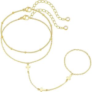M MOOHAM 14K-Gold-Plated Hand Chain Bracelet for Women, Dainty Ring Bracelet Hands Chain Cubic Zirconia Clover Butterfly Cross Heart Finger Rings Bracelets for Women Teen Girl Gifts(Cross)