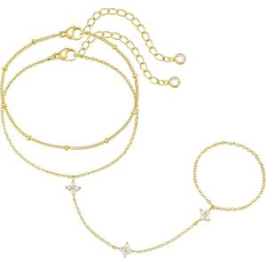 M MOOHAM 14K-Gold-Plated Hand Chain Bracelet for Women, Dainty Ring Bracelet Hands Chain Cubic Zirconia Clover Butterfly Cross Heart Finger Rings Bracelets for Women Teen Girl Gifts(Clover)