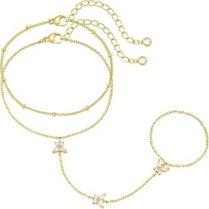 M MOOHAM 14K-Gold-Plated Hand Chain Bracelet for Women, Dainty Ring Bracelet Hands Chain Cubic Zirconia Clover Butterfly Cross Heart Finger Rings Bracelets for Women Teen Girl Gifts(Butterfly)