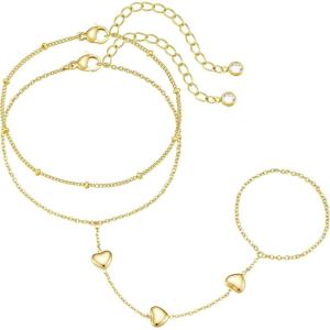 M MOOHAM 14K-Gold-Plated Hand Chain Bracelet for Women, Dainty Ring Bracelet Hands Chain Cubic Zirconia Clover Butterfly Cross Heart Finger Rings Bracelets for Women Teen Girl Gifts(Heart)
