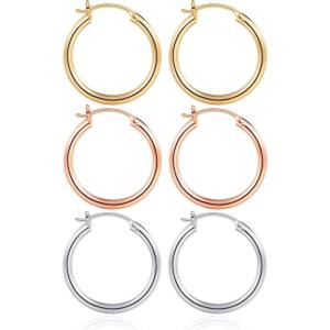 M MOOHAM 14K-Gold-Plated Hoop Earrings for Women – Hypoallergenic 14K Gold 925 Sterling silver-plated Post Sensitive Ears Nickel Free Hoops Earrings Set for Women Jewelry Lightweight 13-60mm(3pairs-20mm-Gold-plated/silver-plated/Rose)