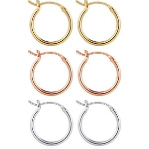 M MOOHAM 14K-Gold-Plated Hoop Earrings for Women – Hypoallergenic 14K Gold 925 Sterling silver-plated Post Sensitive Ears Nickel Free Hoops Earrings Set for Women Jewelry Lightweight 13-60mm(3pairs-15mm-Gold-plated/silver-plated/Rose)