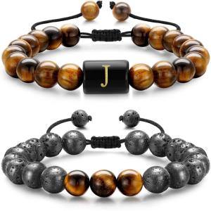 M MOOHAM Beaded Bracelets for Men Gifts – 8mm Natural Stone Initial Bracelet for Men Lava Rock Tiger Eye Bracelets Christmas Birthday Gifts for Dad Grandpa Husband