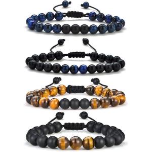 M MOOHAM Beaded Bracelets for Mens Gifts – Natural Stone 8mm Tiger Eye Matte Agate Lava Rock Bracelets for Men Teen Boys Birthday Anniversary Christmas Gifts for Men Teens Grandpa(4 Pcs Tiger Eye&Matte Agate)