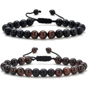 M MOOHAM Beaded Bracelets for Mens Gifts – Natural Stone 8mm Tiger Eye Matte Agate Lava Rock Bracelets for Men Teen Boys Birthday Anniversary Christmas Gifts for Men Teens Grandpa(Red Tiger Eye&Matte Agate Bracelets)