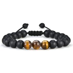 M MOOHAM Beaded Bracelets for Mens Gifts – Natural Stone 8mm Tiger Eye Matte Agate Lava Rock Bracelets for Men Teen Boys Birthday Anniversary Christmas Gifts for Men Teens Grandpa(Black Matte Agate Tiger Eye Bracelet)