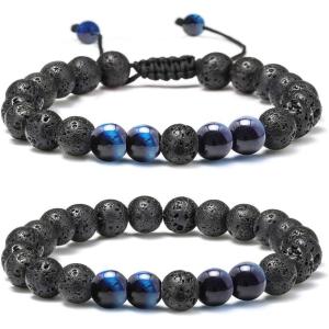 M MOOHAM Beaded Bracelets for Mens Gifts – Natural Stone 8mm Tiger Eye Matte Agate Lava Rock Bracelets for Men Teen Boys Birthday Anniversary Christmas Gifts for Men Teens Grandpa(Lava Rock Blue Tiger Eye Bracelets)