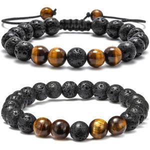 M MOOHAM Beaded Bracelets for Mens Gifts – Natural Stone 8mm Tiger Eye Matte Agate Lava Rock Bracelets for Men Teen Boys Birthday Anniversary Christmas Gifts for Men Teens Grandpa(Lava Rock&Yellow Tiger Eye Bracelets)