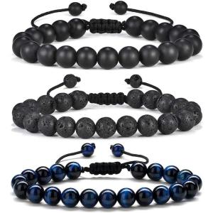 M MOOHAM Beaded Bracelets for Mens Gifts – Natural Stone 8mm Tiger Eye Matte Agate Lava Rock Bracelets for Men Teen Boys Birthday Anniversary Christmas Gifts for Men Teens Grandpa(Matte Agate&Lava Rock&Tiger Eye Bracelet)