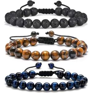 M MOOHAM Beaded Bracelets for Mens Gifts – Natural Stone 8mm Tiger Eye Matte Agate Lava Rock Bracelets for Men Teen Boys Birthday Anniversary Christmas Gifts for Men Teens Grandpa(3 Pcs Tiger Eye&Lava Rock)