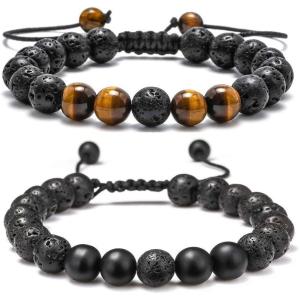 M MOOHAM Beaded Bracelets for Mens Gifts – Natural Stone 8mm Tiger Eye Matte Agate Lava Rock Bracelets for Men Teen Boys Birthday Anniversary Christmas Gifts for Men Teens Grandpa(Lava Rock&Yellow Tiger Eye&Matte Agate Bracelets)