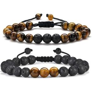 M MOOHAM Beaded Bracelets for Mens Gifts – Natural Stone 8mm Tiger Eye Matte Agate Lava Rock Bracelets for Men Teen Boys Birthday Anniversary Christmas Gifts for Men Teens Grandpa(Tiger eye&Lava Rock Bracelets)
