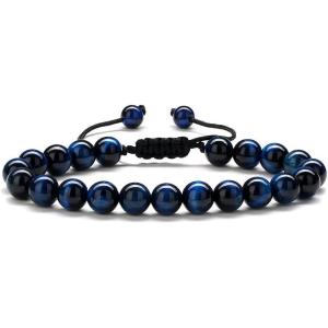 M MOOHAM Beaded Bracelets for Mens Gifts – Natural Stone 8mm Tiger Eye Matte Agate Lava Rock Bracelets for Men Teen Boys Birthday Anniversary Christmas Gifts for Men Teens Grandpa(Blue Tiger Eye Bracelet)