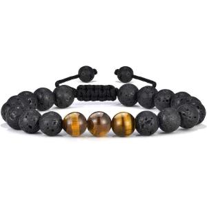 M MOOHAM Beaded Bracelets for Mens Gifts – Natural Stone 8mm Tiger Eye Matte Agate Lava Rock Bracelets for Men Teen Boys Birthday Anniversary Christmas Gifts for Men Teens Grandpa(Black Lava Rock Tiger Eye Bracelet)
