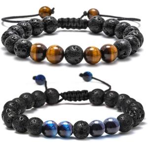 M MOOHAM Beaded Bracelets for Mens Gifts – Natural Stone 8mm Tiger Eye Matte Agate Lava Rock Bracelets for Men Teen Boys Birthday Anniversary Christmas Gifts for Men Teens Grandpa(Lava Rock&Yellow Blue Tiger Eye Bracelets)